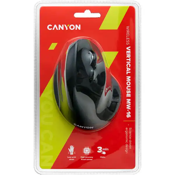 CANYON MW-16 wireless Vertical mouse, USB2.4GHz, Optical Technology, 6 number of buttons, USB 2.0, resolution: 80012001600 DPI, black, size