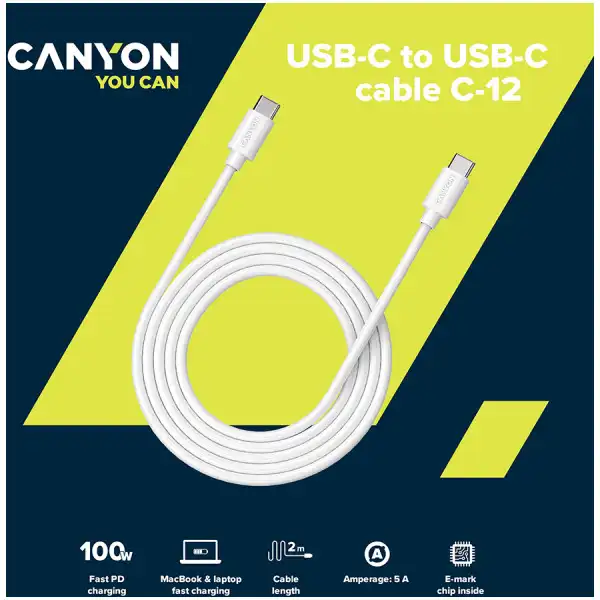 CANYON 100W, 20V 5A, typeC to Type C, 2M with Emark, Power wire :20AWG*4C,Signal wires :28AWG*4C,OD4.5mm, PVC ,white ( CNS-USBC12W )