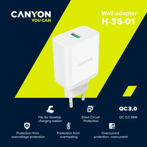 Canyon, QC3.0 36W WALL Charger with 1-USB A   Input: 100V-240V, Output:  USB-A:QC3.0 36W (5V3A9V3.0A12V3.0A),  Eu plug  , Over- Voltage ,  