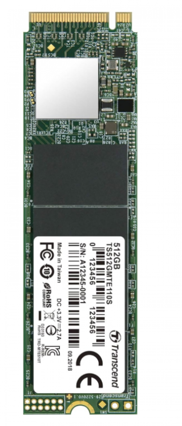 Transcend SSD M.2 NVMe 512GB 2280, (PCIe Gen3x4), 3D TLC, DRAM-less, Read 1,800 MB/s, Write 1,500 MB/s ( TS512GMTE110S )