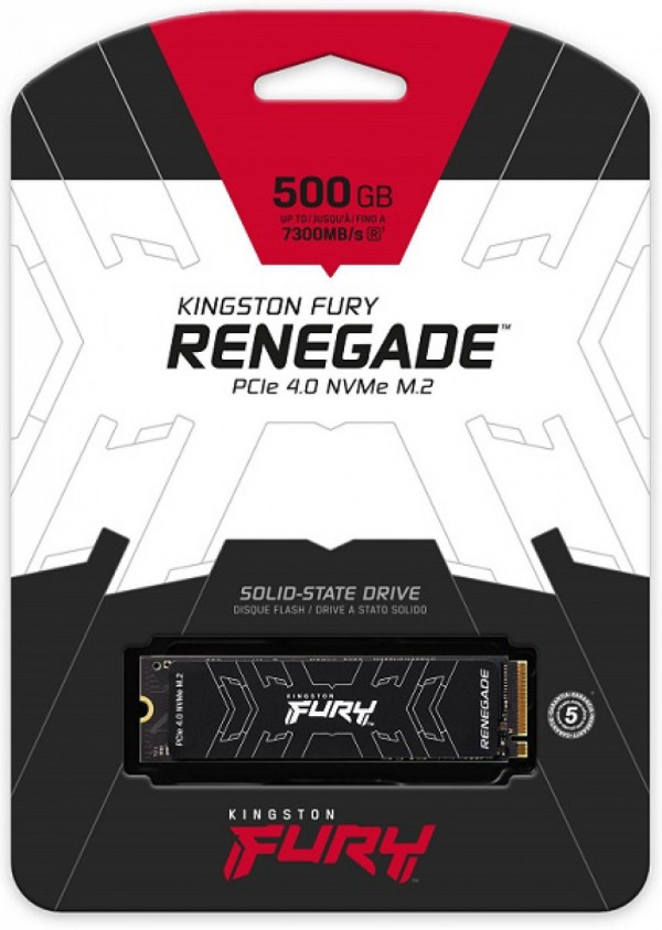 Kingston M.2 NVMe 500GB SSD, FURY Renegade, PCIe Gen 4x4, 3D TLC NAND, Read up to 7,300 MB/s, Write up to 3,900 MB/s (single sided), 2280, Includes cloning software