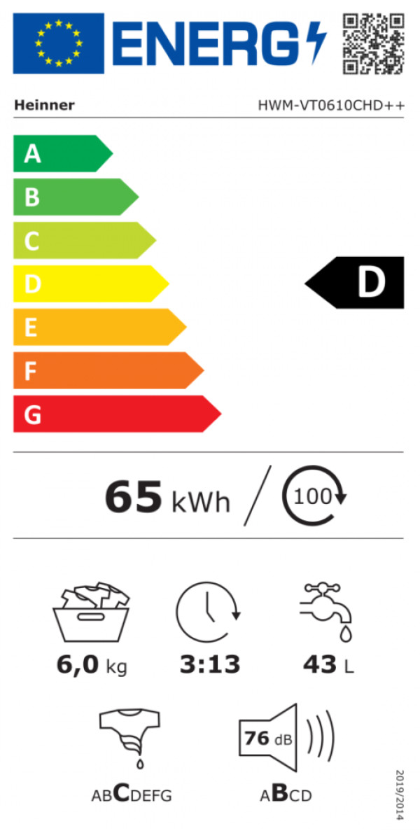 Mašina za pranje veša HEINNER HWM-VT0610CHD++ 6kg1000o15programa