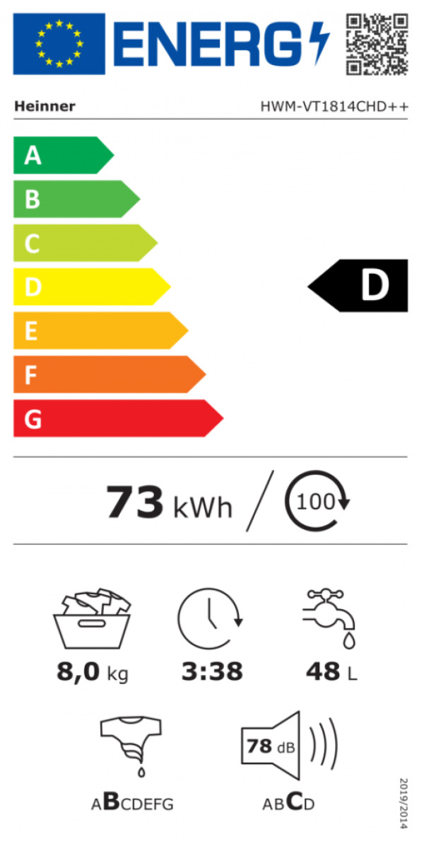 Mašina za pranje veša HEINNER HWM-VT1814CHD++ 8kg1400o15programa