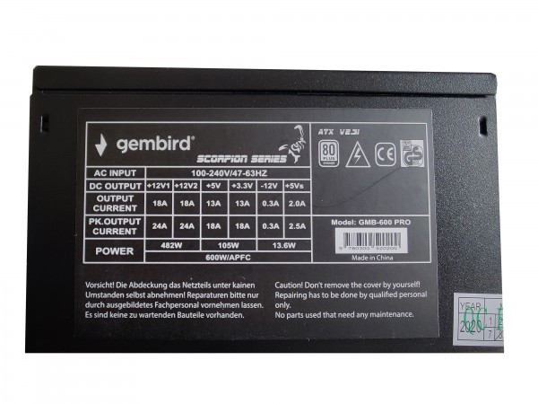 GMB-600-PRO Gembird napajanje 600W 80+ BRONZE, PFC,12cm FAN, 20+4pin, 2x4pin,2x 6+2pin, 5xSATA,2xIDE