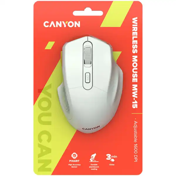 CANYON 2.4GHz Wireless Optical Mouse with 4 buttons, DPI 80012001600, Pearl white, 115*77*38mm, 0.064kg ( CNE-CMSW15PW ) 