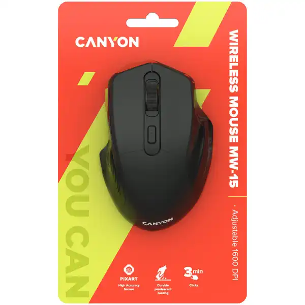 CANYON 2.4GHz Wireless Optical Mouse with 4 buttons, DPI 80012001600, Black, 115*77*38mm, 0.064kg ( CNE-CMSW15B ) 