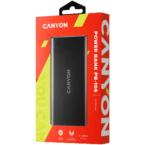 CANYON PB-106 Power bank 10000mAh Li-poly battery, Input 5V2A, Output 5V2.1A(Max), USB cable length 0.3m, 140*68*16mm, 0.24Kg, Black ( CNE-