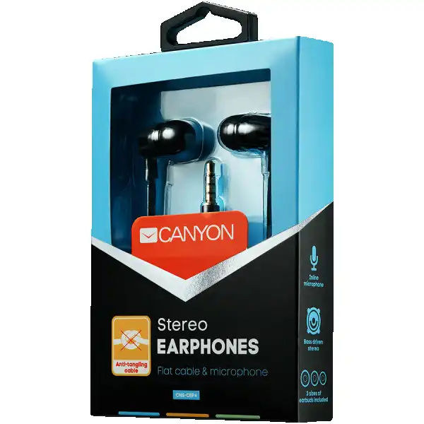 CANYON Stereo earphone with microphone, 1.2m flat cable, Black, 22*12*12mm, 0.013kg ( CNS-CEP4B ) 